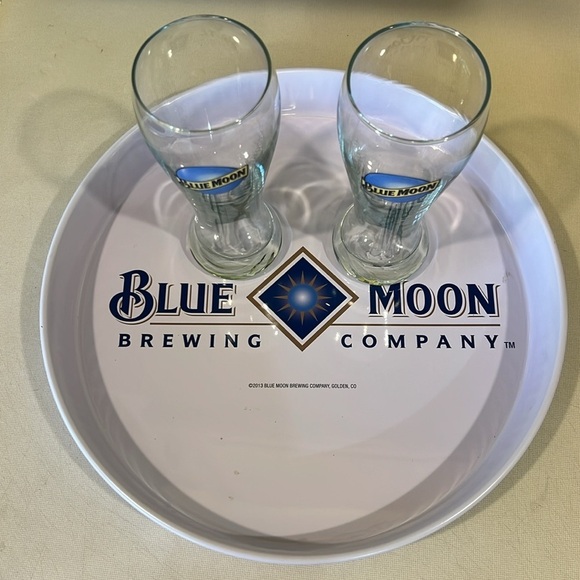 Blue Moon beer glass set, two glasses and serving tray. - Picture 2 of 2